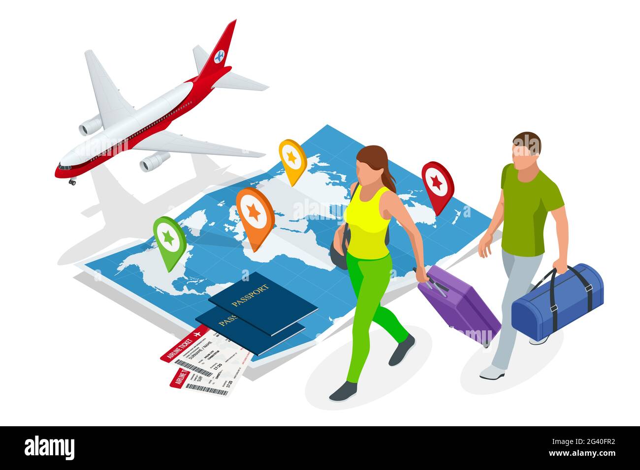 Isometric Business travel and tourism concept. Air tickets or boarding pass, passports on world map. Buying or booking online tickets. Stock Vector