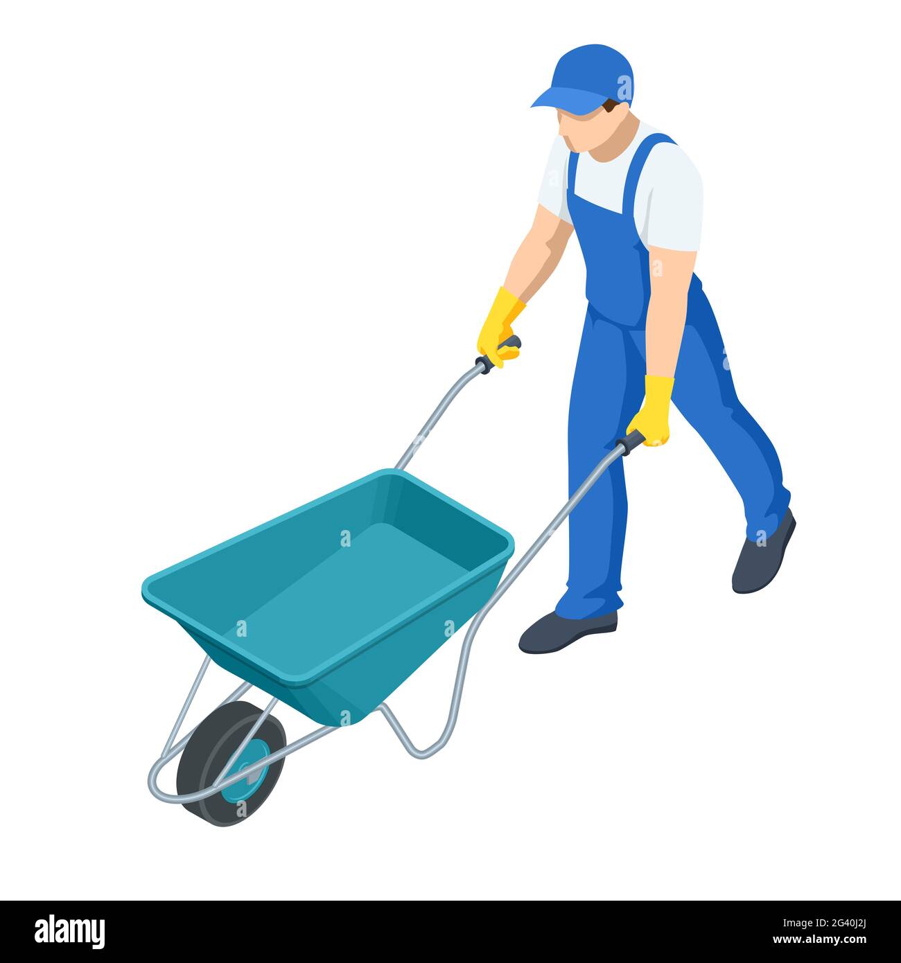 Agricultural work. Farming activity of farmer. Isometric farmer with a wheelbarrow. Organic farm products. Male working on harvesting season. Stock Vector