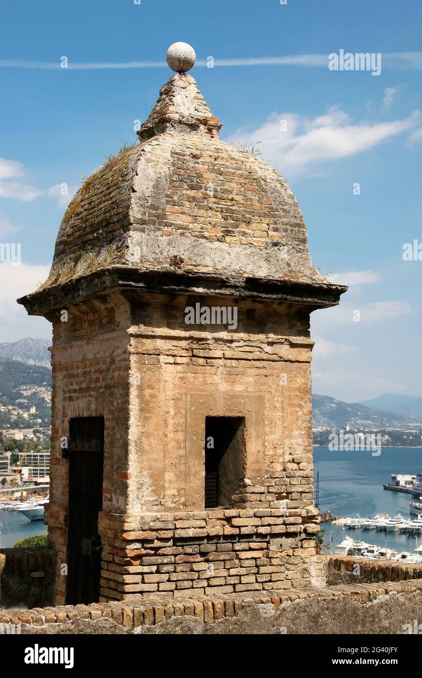 Brick built watchtower in the grounds of the palace in Monte Carlo Stock Photo