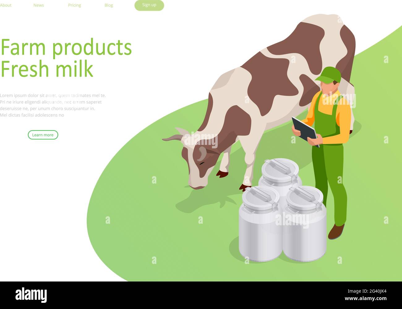 Isometric Farmer is Working on the Organic Farm with Dairy Cows. Milk Produce Production Chain from a Dairy Farm, Fresh Milk. Stock Vector
