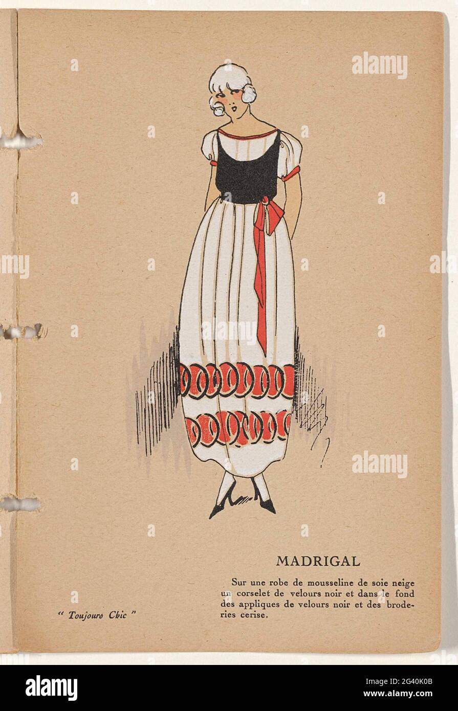 Toujours Chic Les Robes, Hiver 1921-1922: Madrigal. Madrigal. Jap of white  muslin with red embroidery on the skirt and black corselet. Print from  catalog "Toujours Chic" in which an overview of the