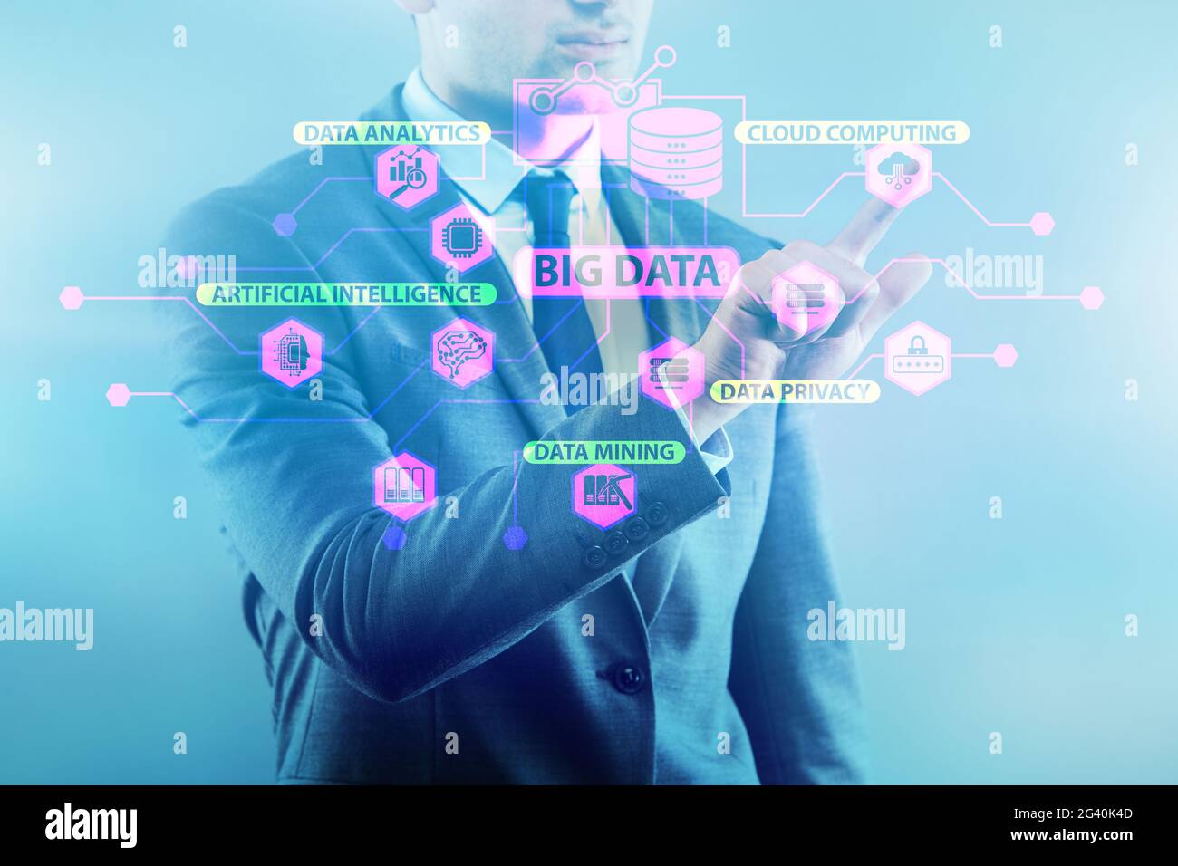 Big data concept with businessman pressing virtual button Stock Photo
