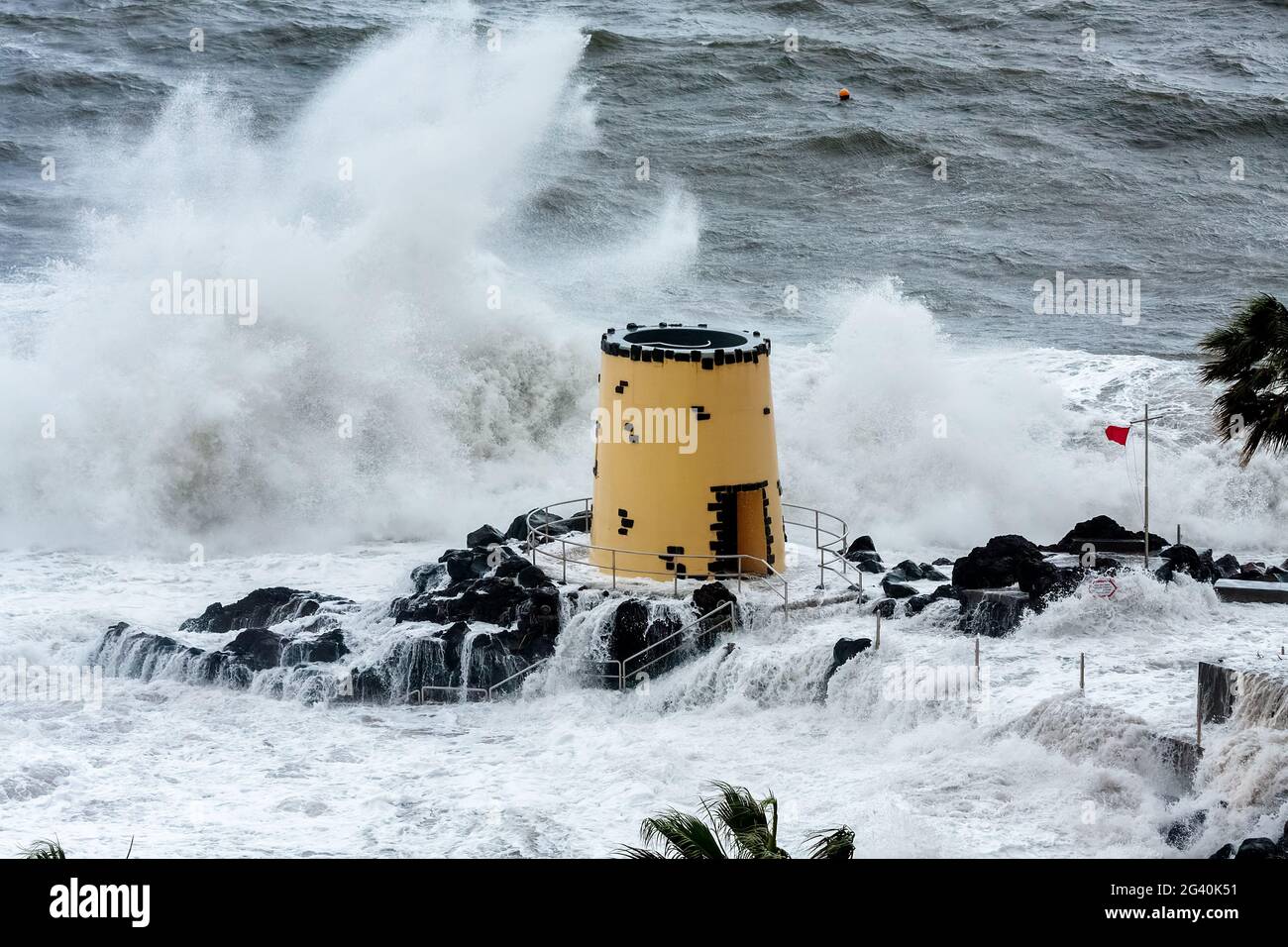 FUNCHAL, MADEIRA/PORTUGAL - APRIL 9 : Tropical storm hitting the lookout tower in the grounds of the Savoy Hotel Funchal Madeira Stock Photo