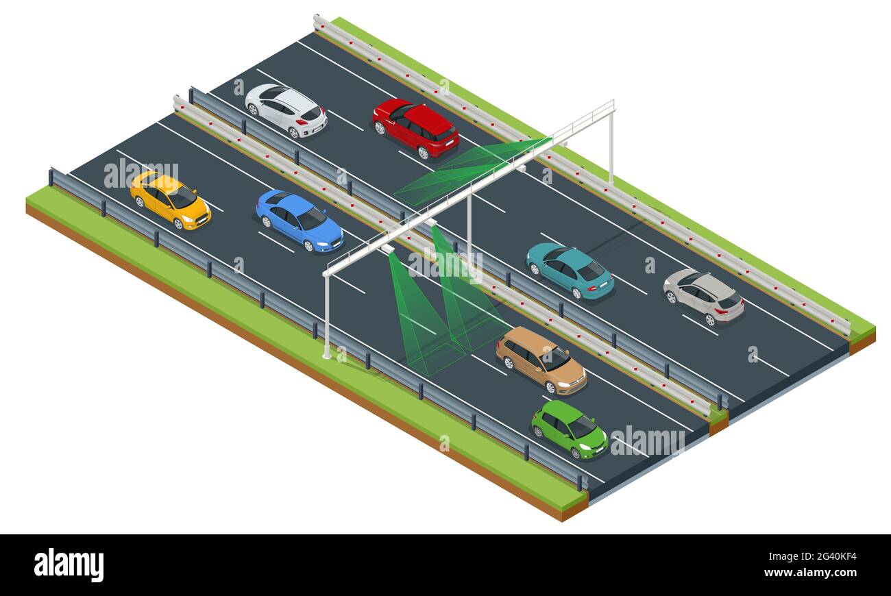 SPECS, average speed measuring speed camera system. Average speed cameras on freeway. SPECS cameras operate as sets of two or more cameras installed Stock Vector