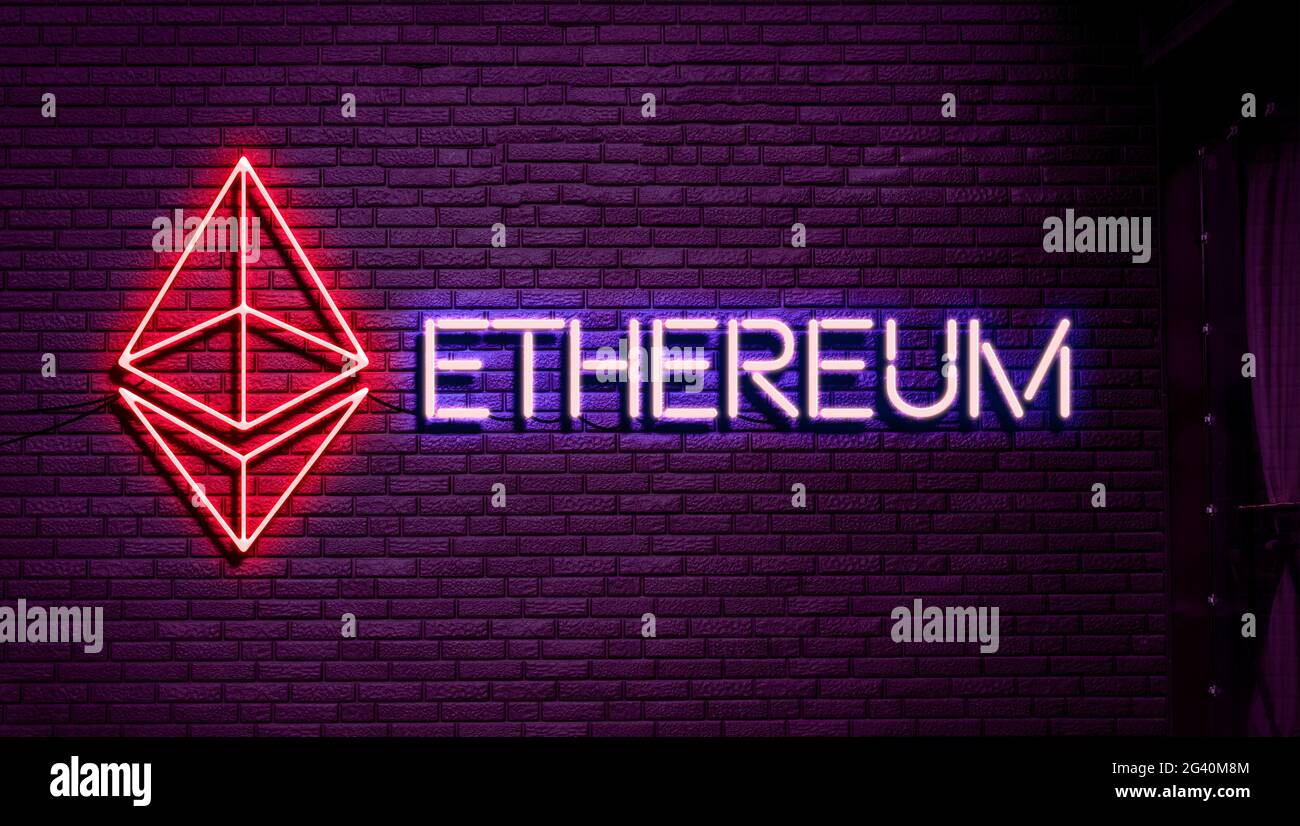 ethereum text and logo neon sign on the wall, abstract crypto currency  concept Stock Photo - Alamy