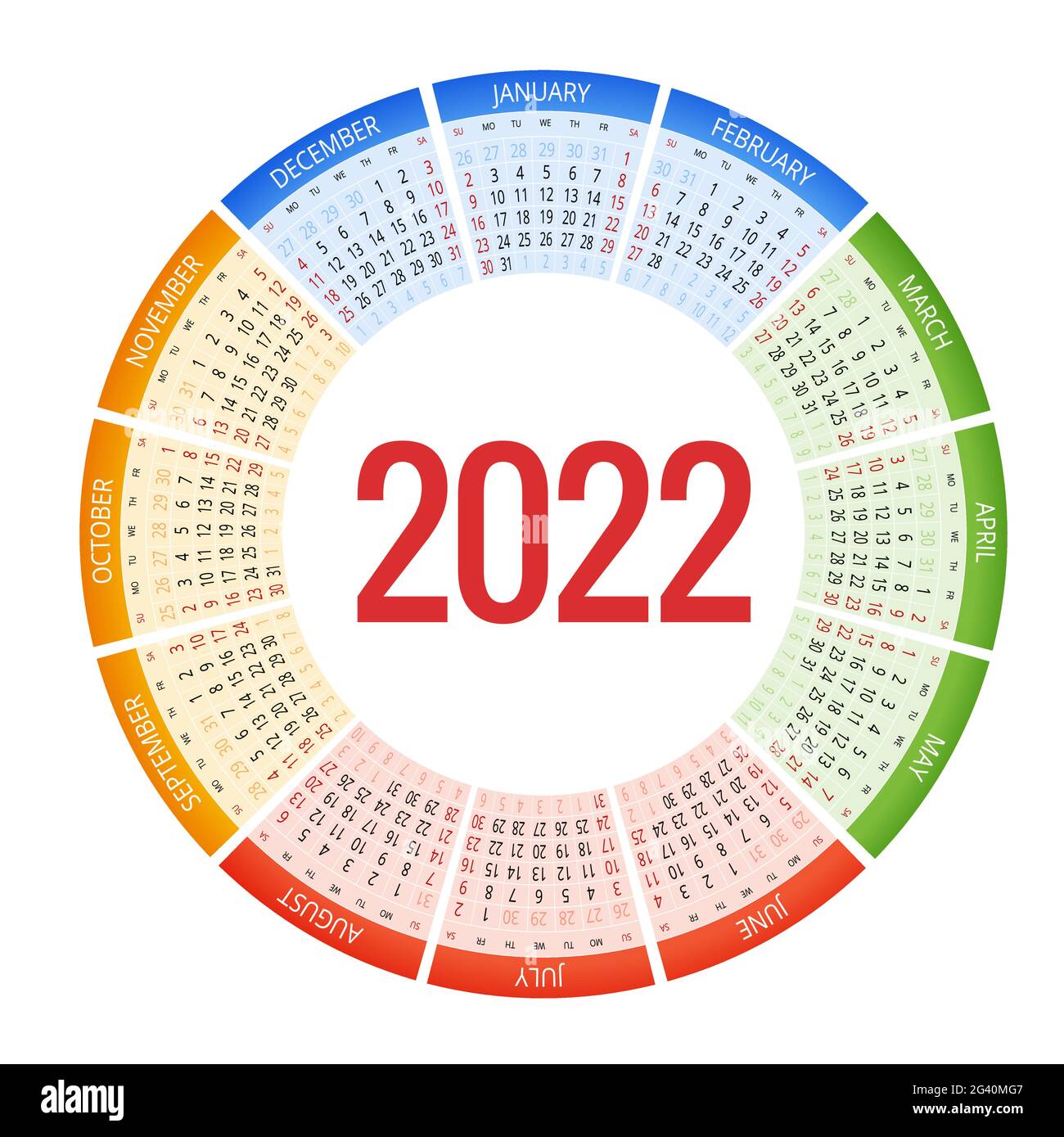 Round Calendar Planner for 2022. Calendar template for 2022. Stationery