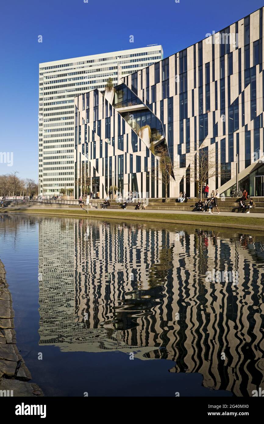 Koe-Bogen by architect Daniel Libeskind, behind it the Dreischeibenhaus, Duesseldorf, Germany Stock Photo