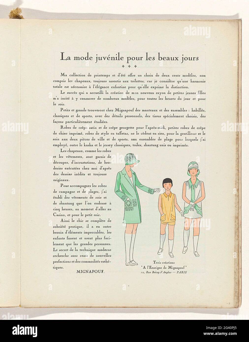 Art - Goût - Beauté, Feuillets de l 'Élégance Féminine, MAI 1929, no. 105,  9th Année, p. 7. Text with illustration of three children in children's  clothing from A l'Enseigne de Mignapouf.