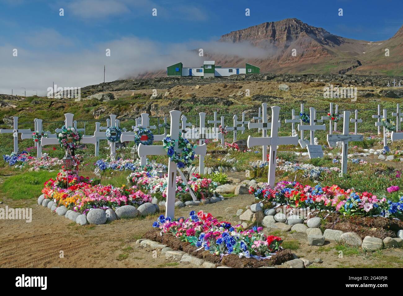 Colour graves on Disko Island Stock Photo