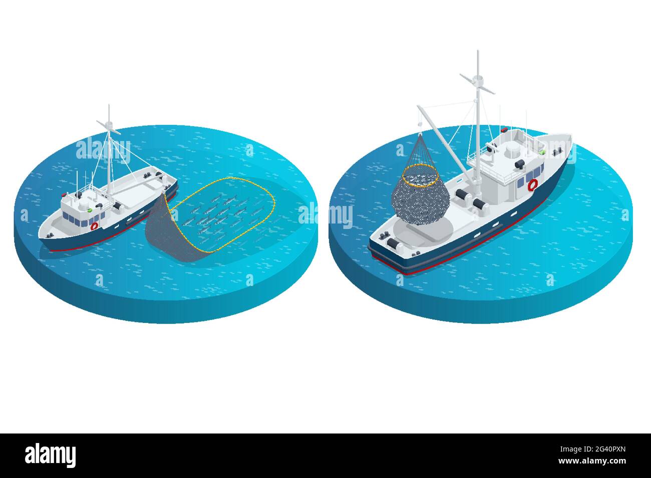 Isometric shipping seafood industry boat isolated on white background. Commercial ocean transportation Sea fishing, ship marine industry, fish boat Stock Vector