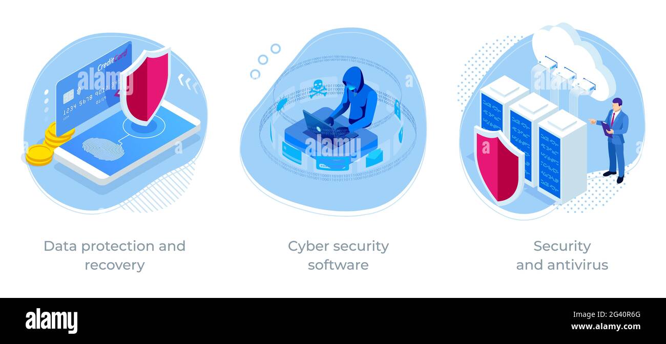 Isometric Online information protect, internet digital technology. Digital crime by an anonymous hacker. Security and antivirus Stock Vector