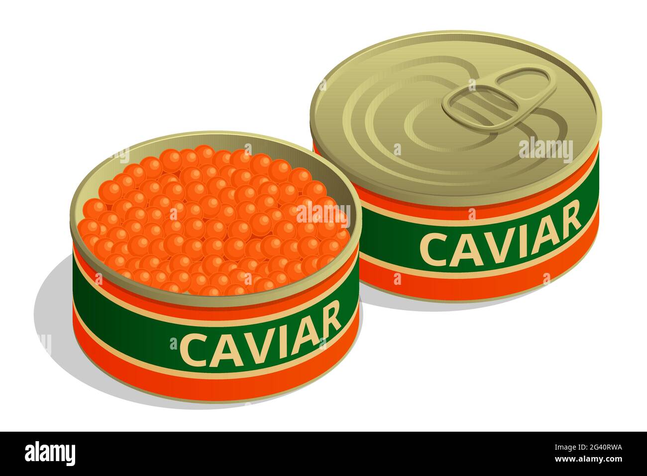 Isometric Salmon Red Caviar. Iron Can with Red Salmon Caviar. Raw seafood. Luxury delicacy food. Caviar in open metal tin Stock Vector