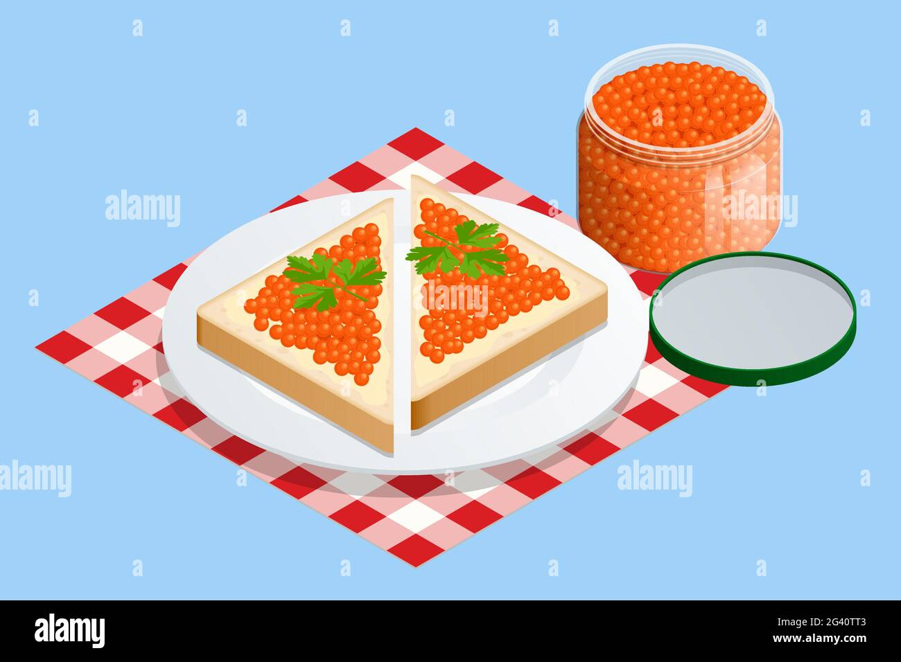 Isometric Salmon Red Caviar. Rye bread with butter and red caviar with lemon and dill as a sandwich. Raw seafood. Luxury delicacy food Stock Vector