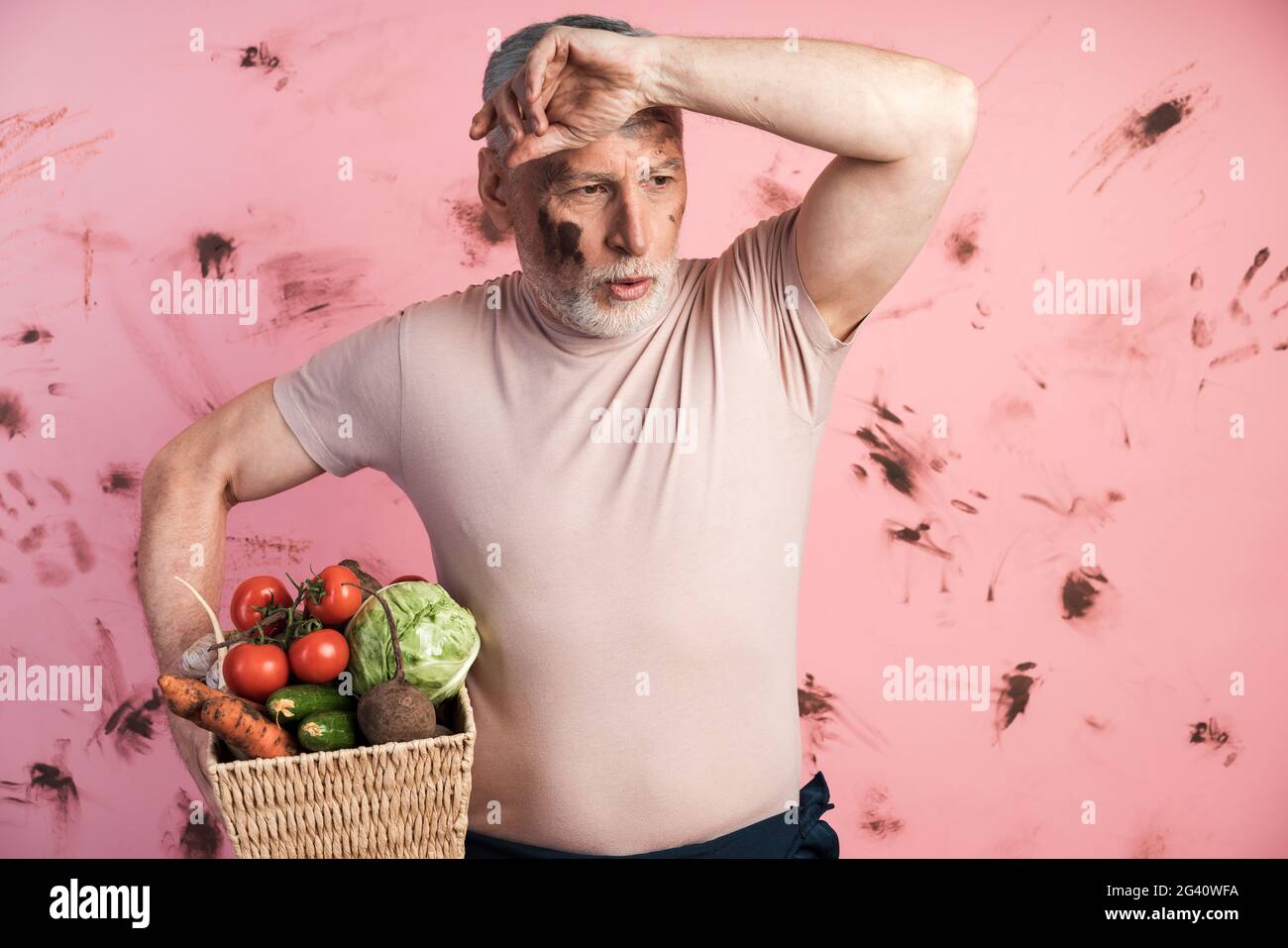 Tired senior man holding a basket with vegetables on a dirty pink background. A man with a stray face after hard work., Tired senior man holding a bas Stock Photo