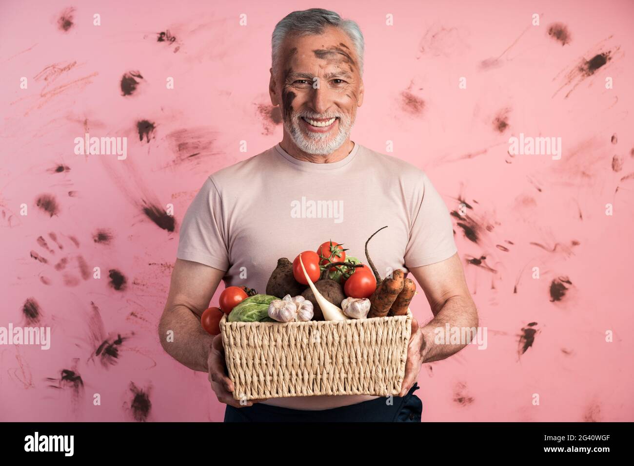 Smiling, positive senior man holding a basket of fresh vegetables against a dirty pink wall. The concept of farming, household., Smiling, positive sen Stock Photo