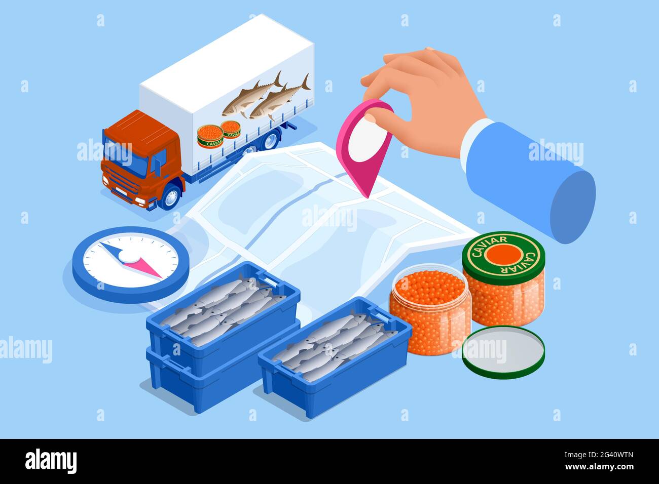 Isometric Fish shop delivery concept. Fish industry seafood. Commercial
