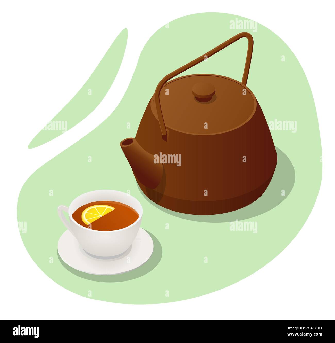 Isometric Iron Teapot, cup of tea and lemon isolated on white. Traditional Asian tea ceremony arrangement. Stock Vector