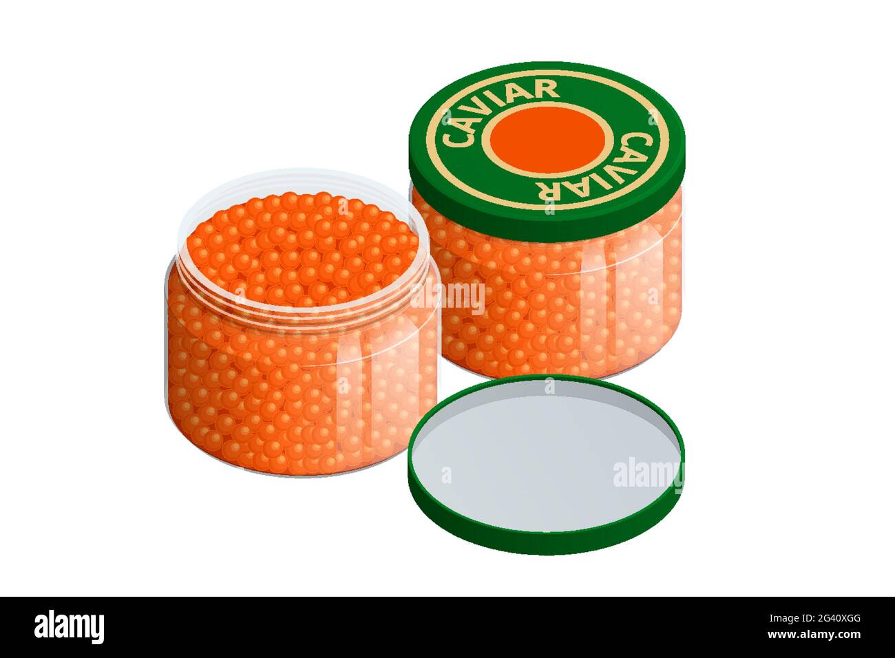 Isometric Salmon Red Caviar. Raw seafood. Luxury delicacy food. Glass jar with red caviar of pink salmon Delicatessen. Gourmet food. Stock Vector