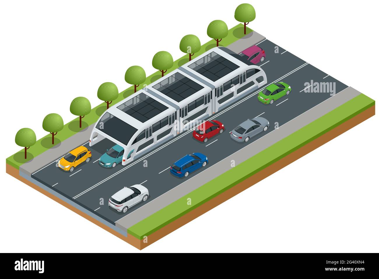 Isometric Transit Elevated Bus in China. Straddling bus, straddle bus, land airbus, or tunnel bus Road vehicle designed to carry many passengers. Stock Vector