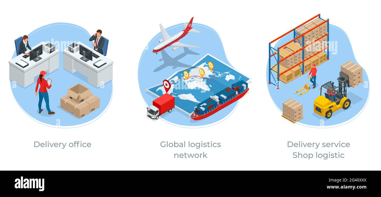 Global logistics network isometric illustration Icons set of air cargo ...