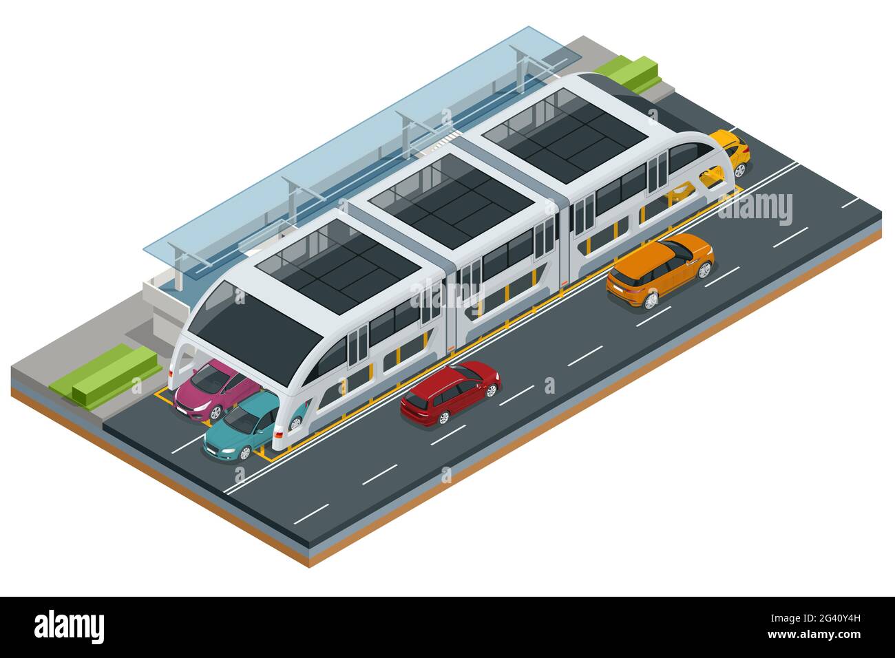 Isometric Transit Elevated Bus in China. Straddling bus, straddle bus, land airbus, or tunnel bus Road vehicle designed to carry many passengers. Stock Vector