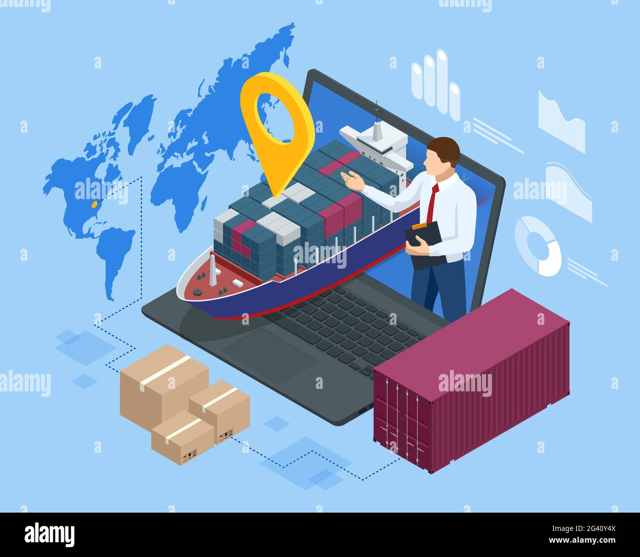 Isometric Logistics and Delivery Sea Freight. Freight Transportation, Shipping, Nautical Vessel, Container ship Stock Vector