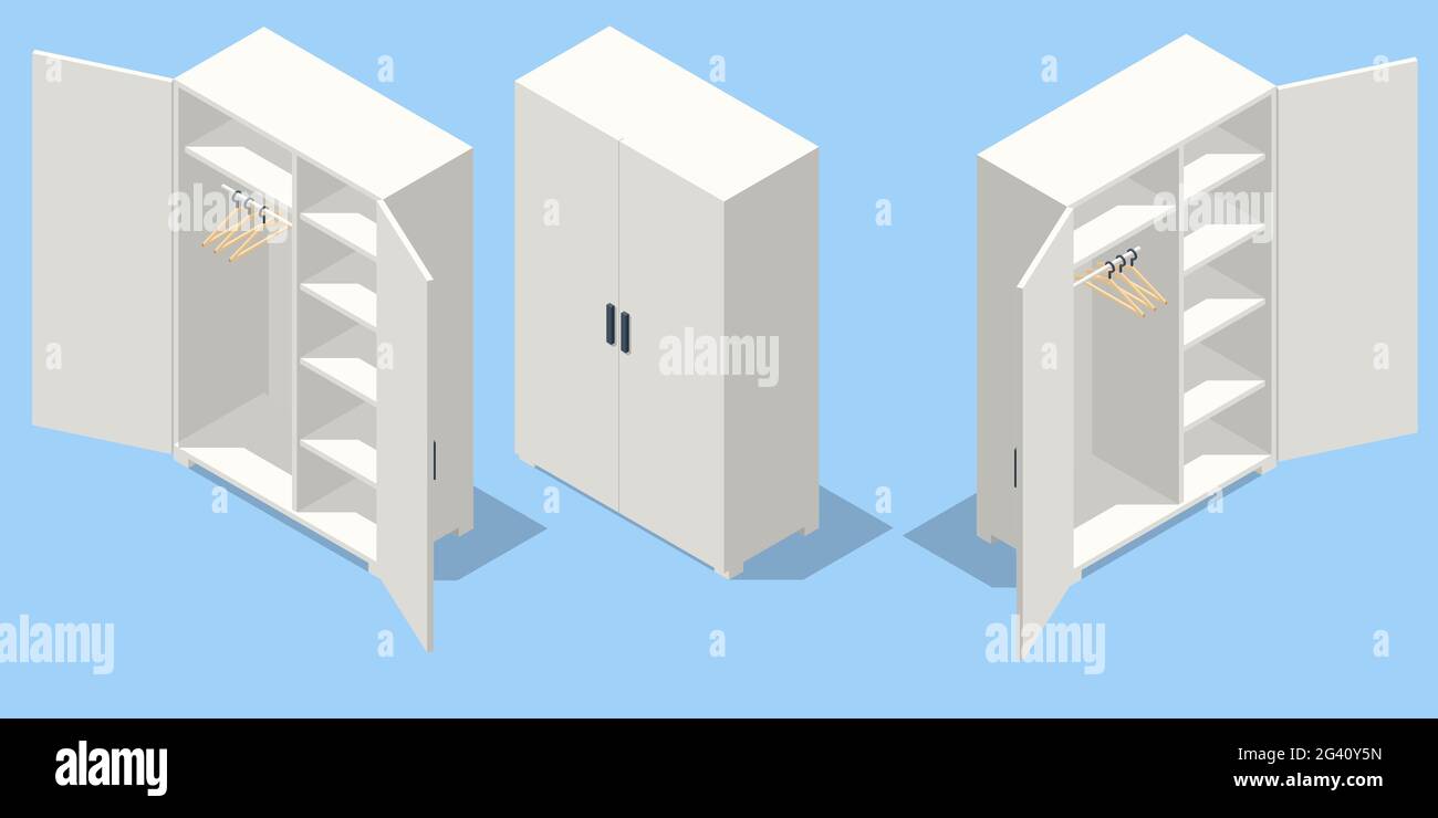 Isometric set icons of large empty wardrobes. Empty white wardrobe and ...