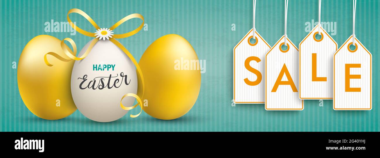 3 Easter Eggs Ribbon Vintage Banner Price Stickers Sale Stock Photo