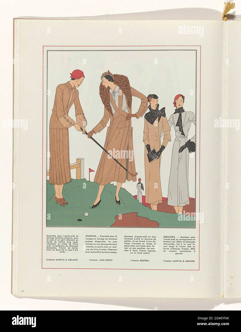 Art - Goût - Beauté, Feuillets de l 'Élégance Féminine, Novembre 1931, no.  135, 12th Année, p. 18. Four women on a golf course. From left to right:  ensemble for the afternoon