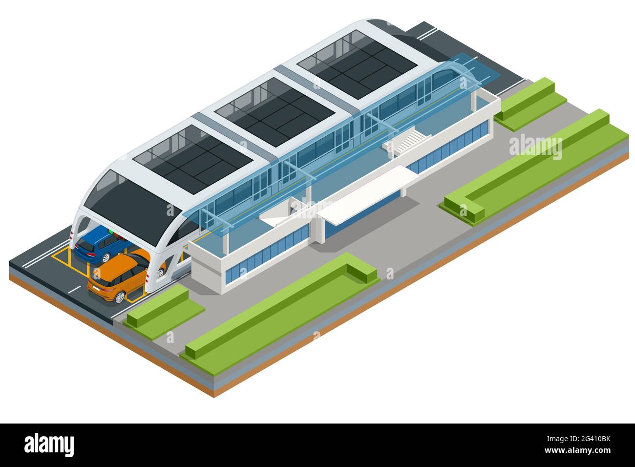 Isometric Transit Elevated Bus in China. Straddling bus, straddle bus, land airbus, or tunnel bus Road vehicle designed to carry many passengers. Stock Vector