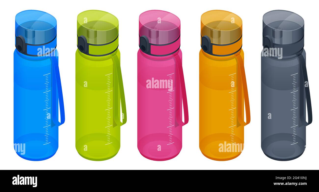 Isometric set Sport Water Bottle. Colorful reusable, plastic thermo water bottles, isolated on white background. Stock Vector