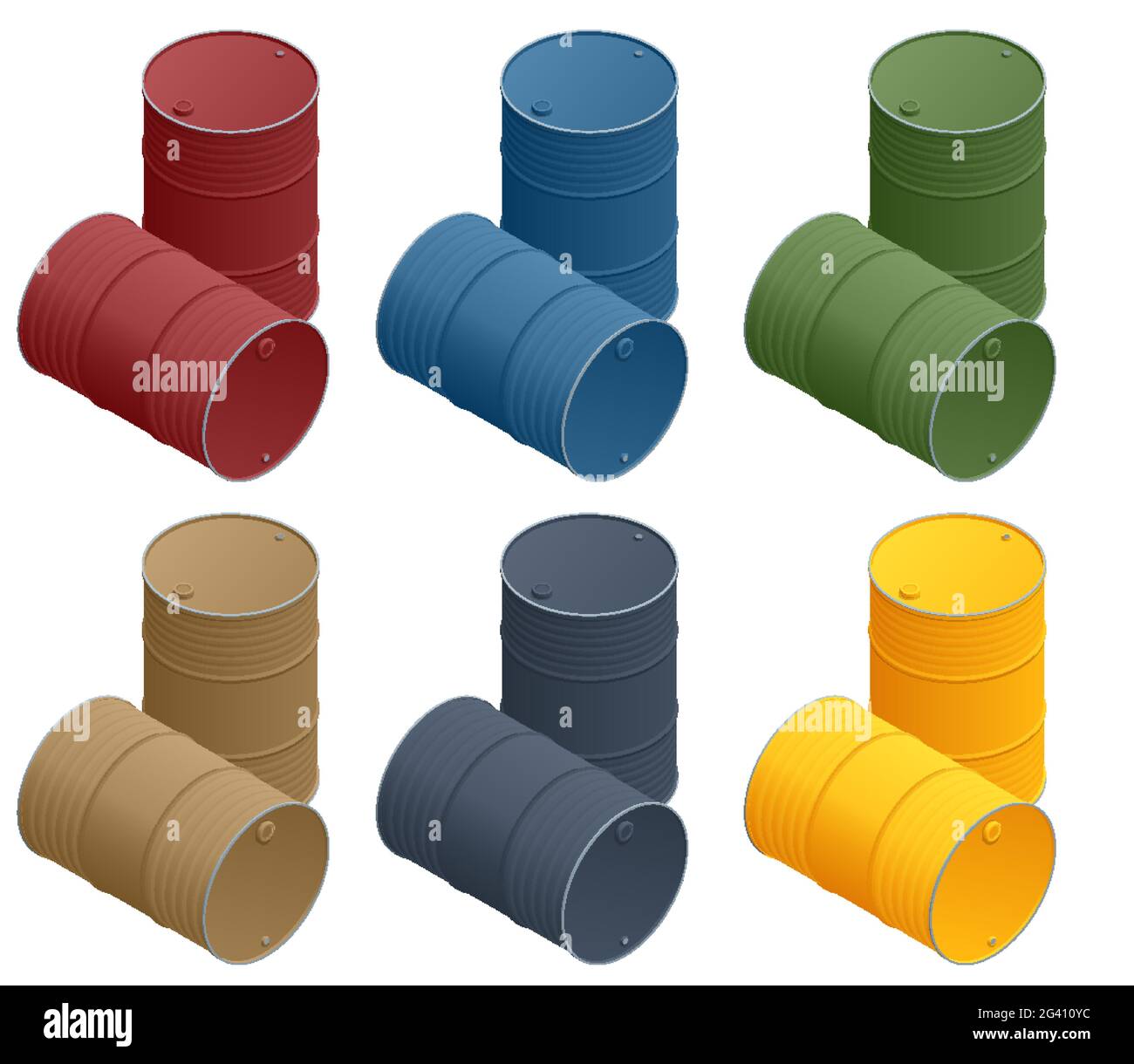 Containers for liquid. Plastic, metal and wood barrel set. Vector
