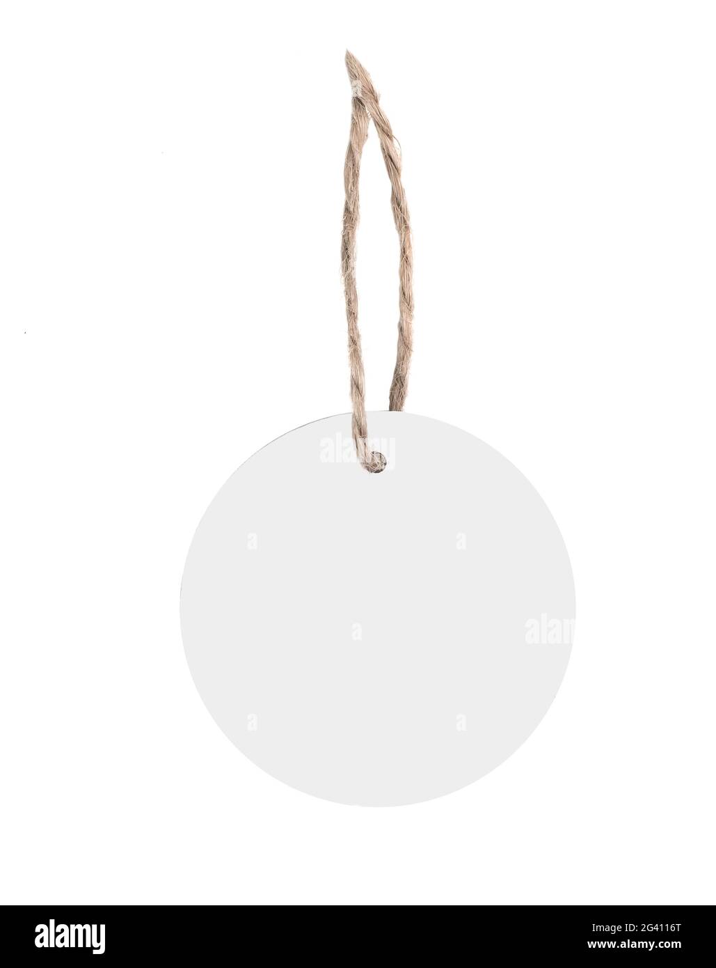 round blank cardboard label or price tag with thin rope attached on white background Stock Photo