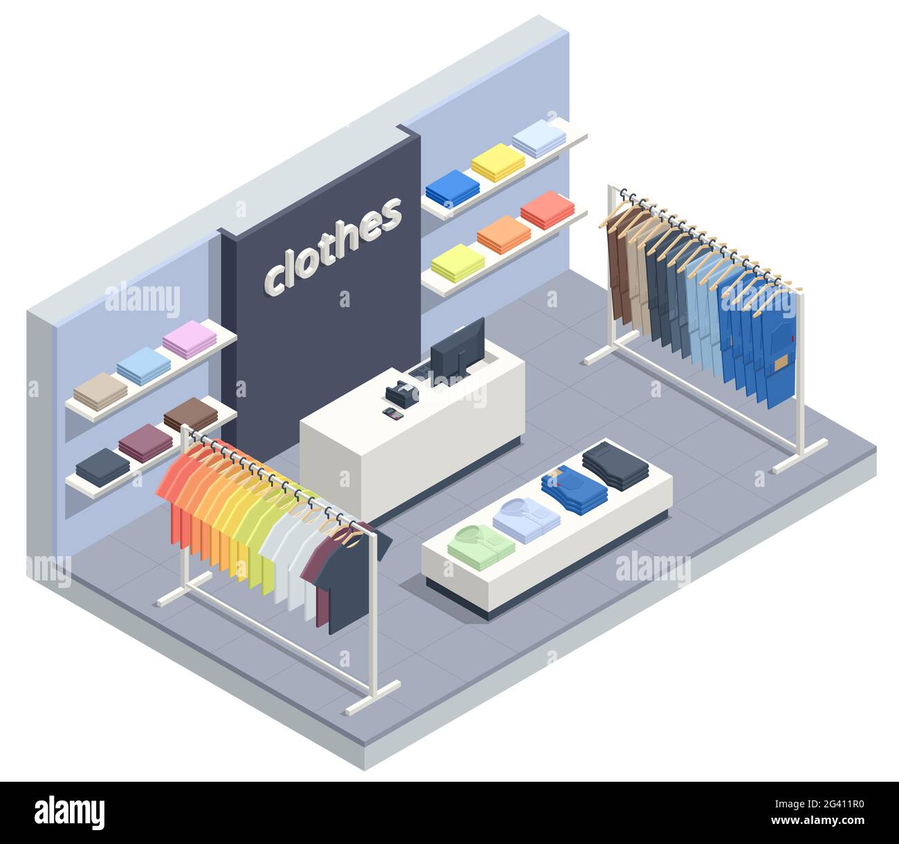 Isometric clothing store concept. Online shopping , Buying clothes on web site or app. Stock Vector