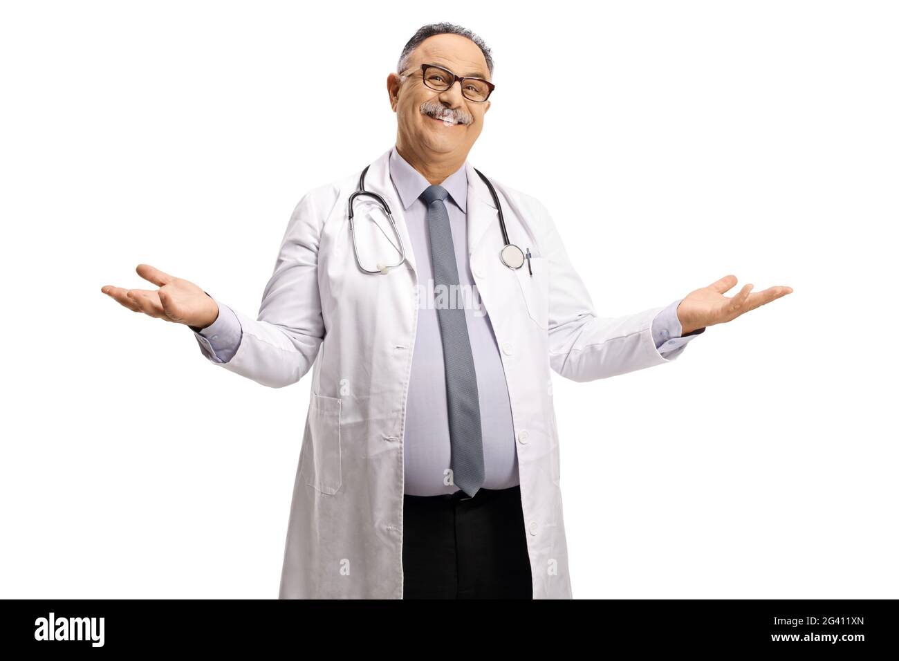 Smiling marture male doctor gesturing with hands isolated on white background Stock Photo
