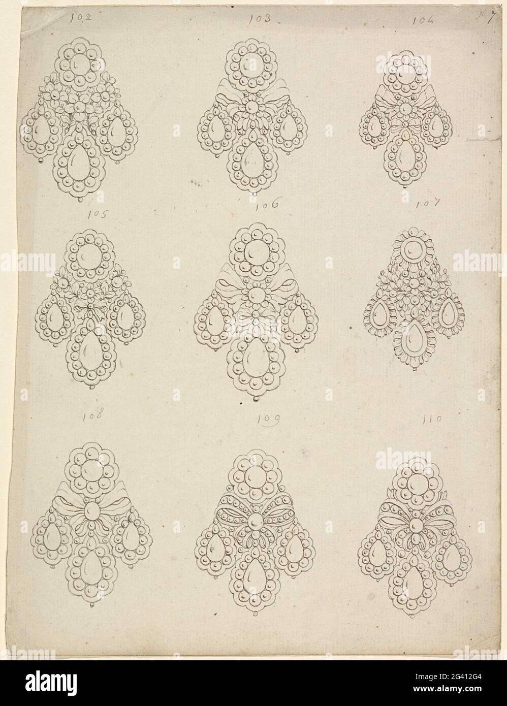 Three Sheets with Designs for Earrings. These numbered sheets probably come from a presentation catalogue. This was a way for a jeweller or travelling salesman to show his clients many variations on the same type of earrings, always modifying a basic design. The pear-shaped stones that recur in many of the designs point to the use of teardrop-shaped pearls. Stock Photo