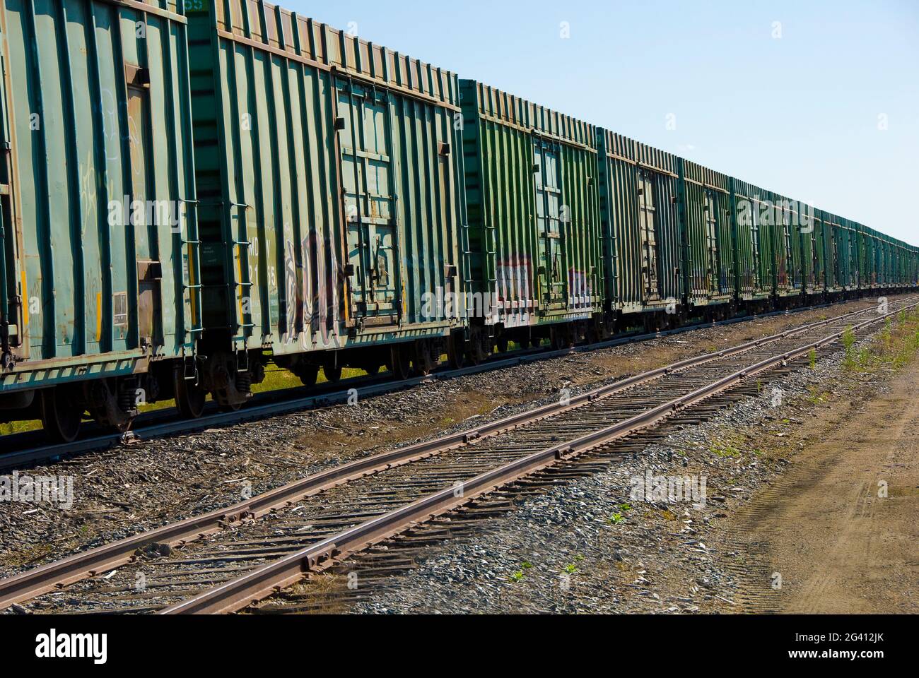 boxcars await use in a train yard in International Falls, Minnesota - (#908 USA) Stock Photo