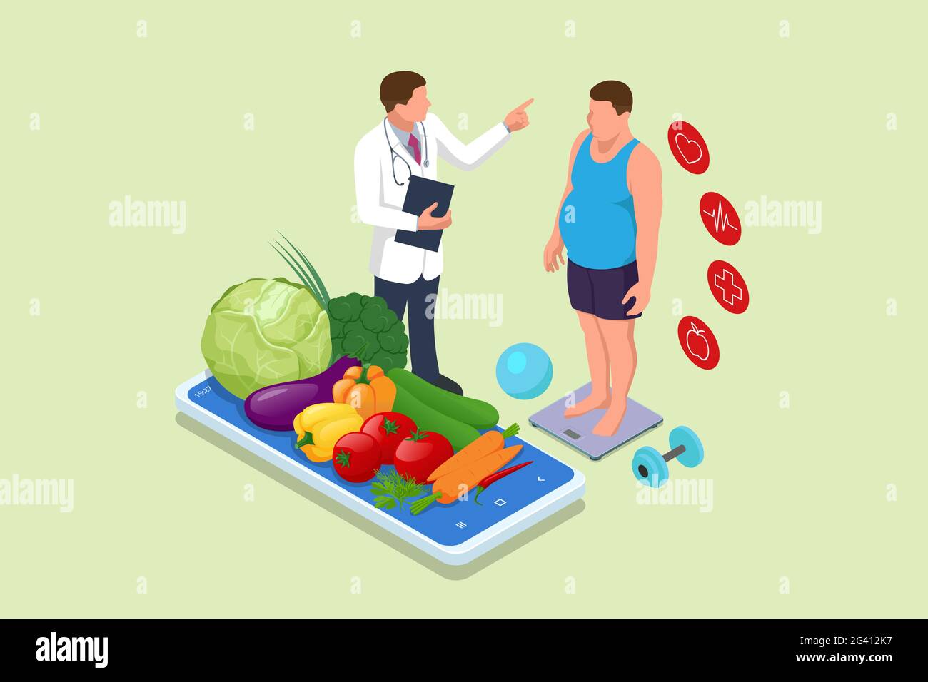 Isometric Healthy food and Diet planning concept. Doctor s consultation for an overweight patient. Health risk, obesity. Doctor s recommendations Stock Vector