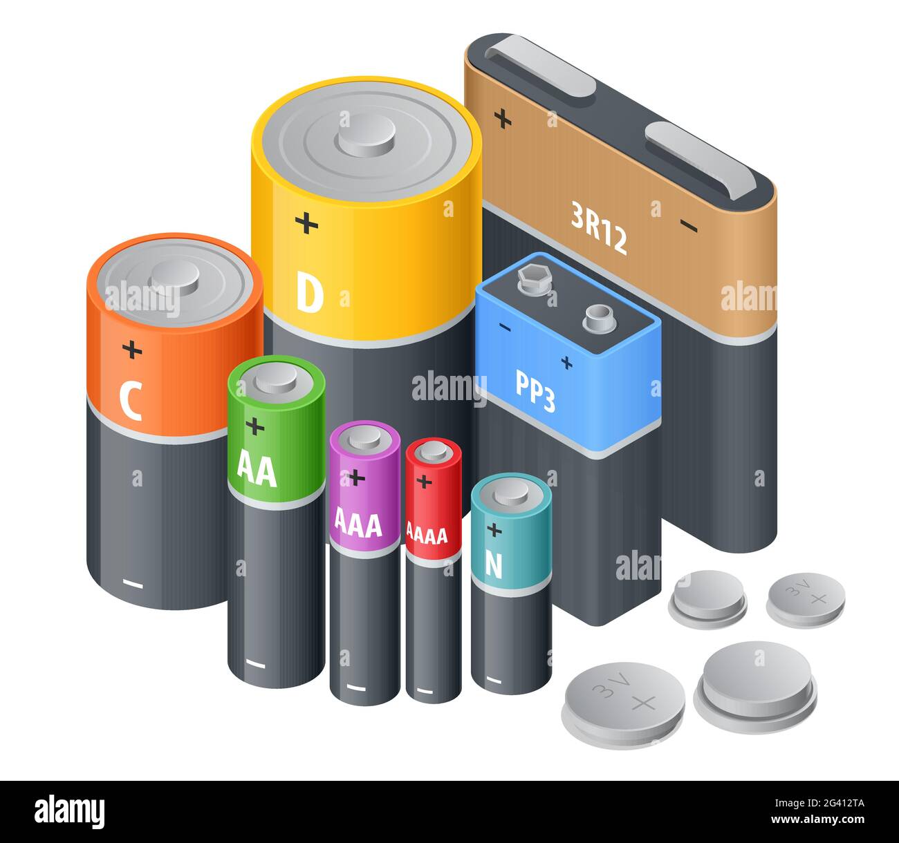 Isometric Alkaline Battery, Accumulators. Alkaline cylinder, accumulator and coin cells. Group of different size colour batteries isolated on white Stock Vector