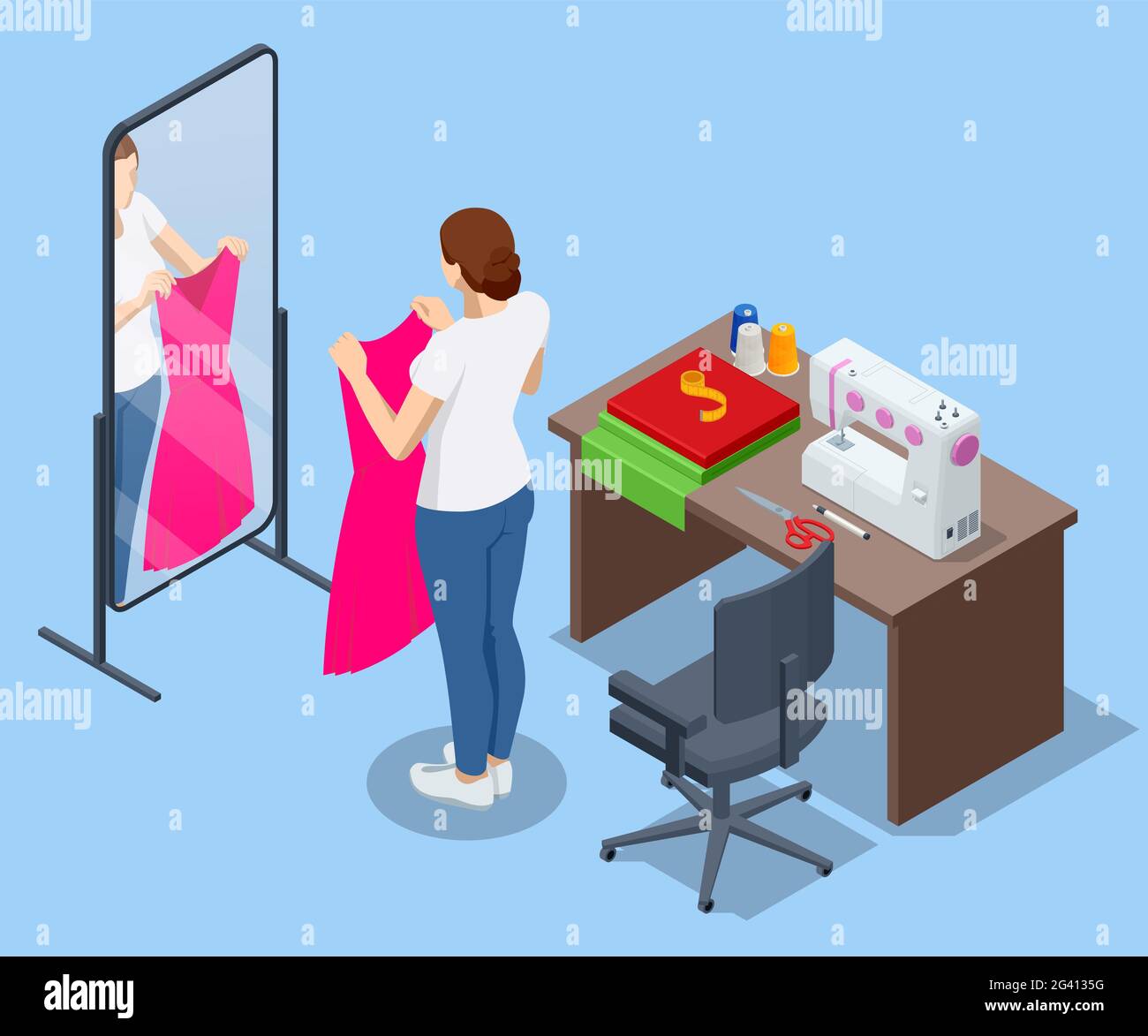 Isometric sewing collection. Textile industry. Sewing
