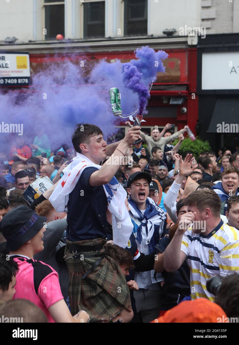 Scotland fans gather in Leicester Square in London ahead of the UEFA Euro 2020 Group D match between England and Scotland at Wembley Stadium. Picture date: Friday June 18, 2021. Stock Photo