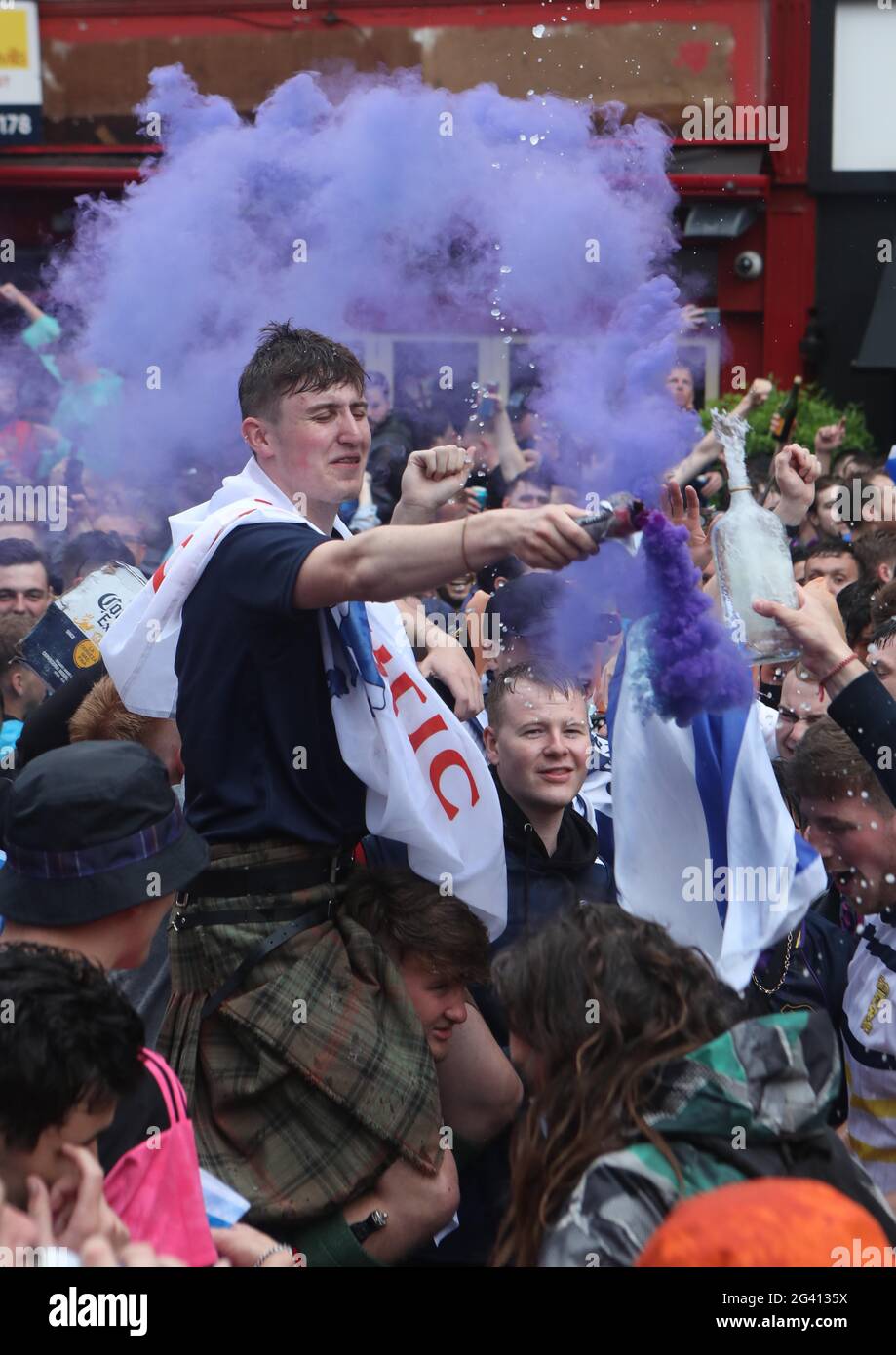 Scotland fans gather in Leicester Square in London ahead of the UEFA Euro 2020 Group D match between England and Scotland at Wembley Stadium. Picture date: Friday June 18, 2021. Stock Photo