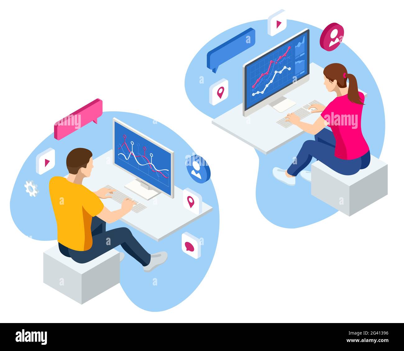 Isometric Business data analytics process management on virtual screen showing sales and operations data statistics charts and key performance Stock Vector