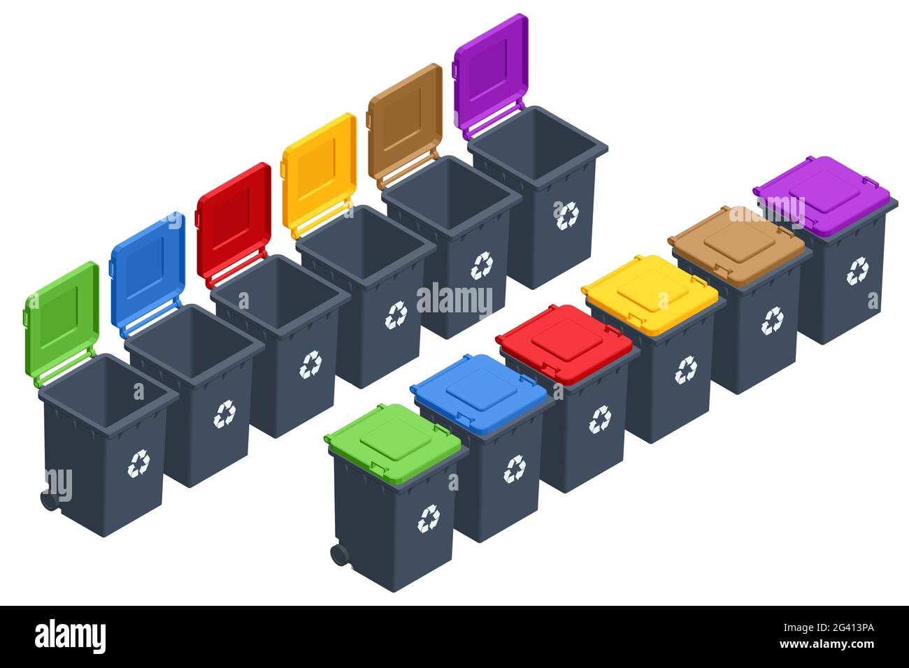 Isometric Garbage containers of different types. Sorting paper, plastic, metal, bio, e-waste and glass. Segregation, recycling, environmental Stock Vector