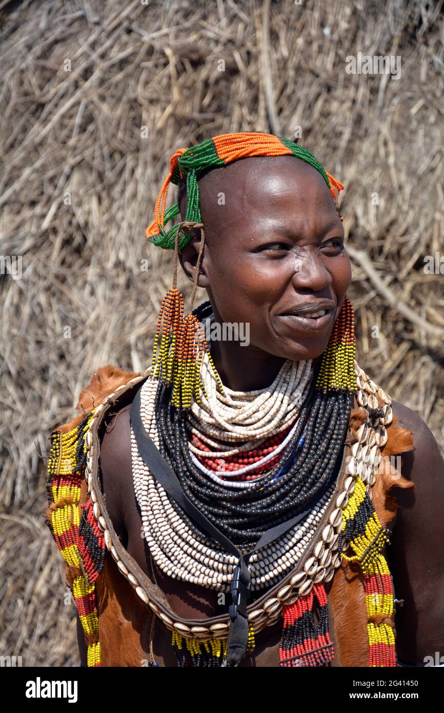 Ethiopia; Southern Nations Region; Kolcho village; on the Omo River; Omo Valley; Woman from the ethnic group of the Karo; dressed in a typical leather Stock Photo