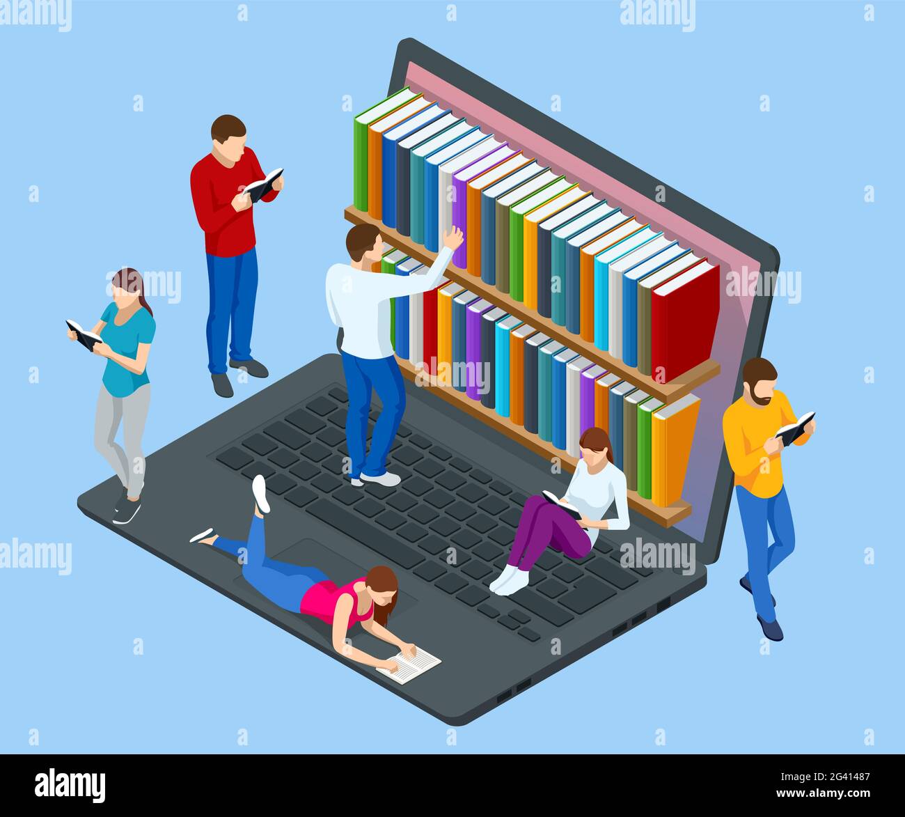 Isometric Online library app for reading, bookstores concept. E-learning from home online studying on laptop. Stock Vector