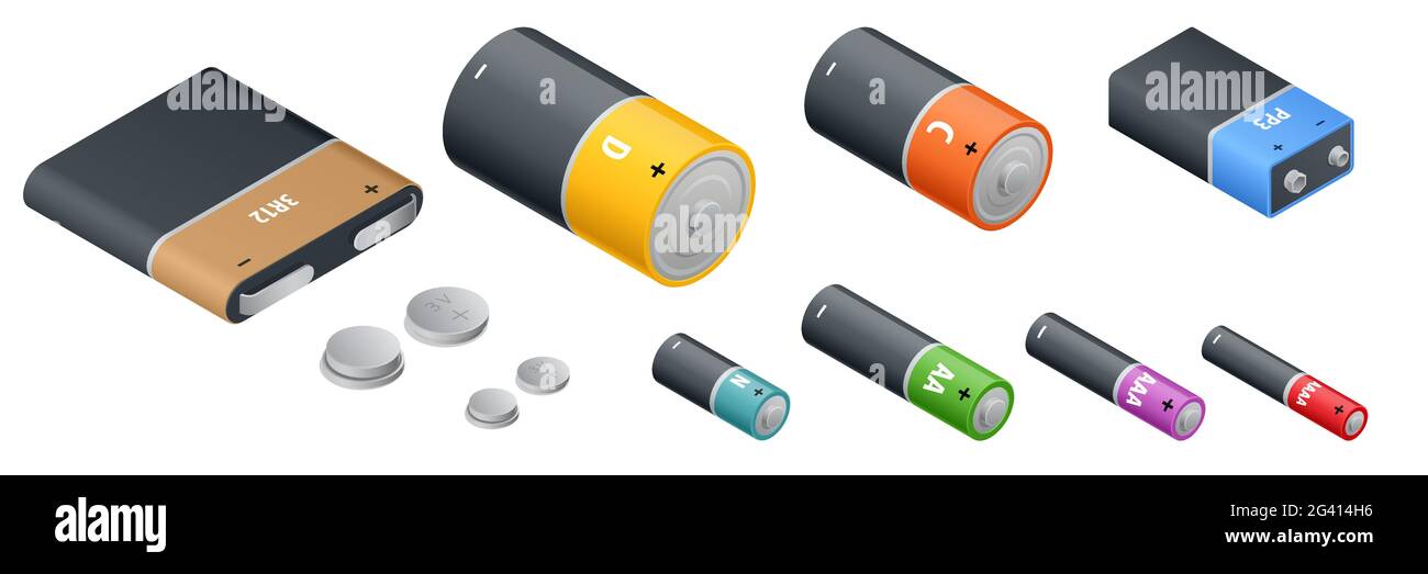 Isometric Alkaline Battery, Accumulators. Alkaline cylinder, accumulator and coin cells. Group of different size colour batteries isolated on white Stock Vector