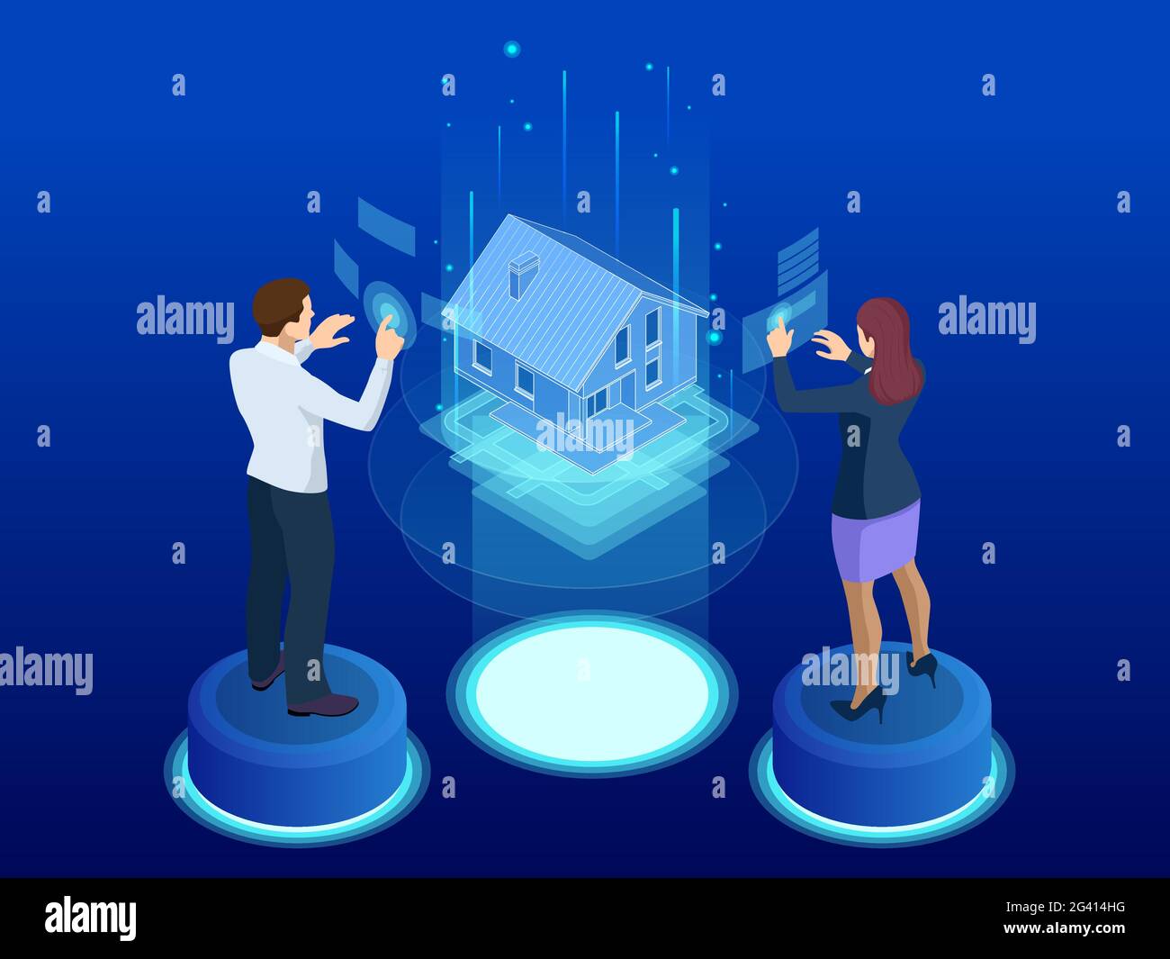 Isometric house architectural project. Virtual interactive interface