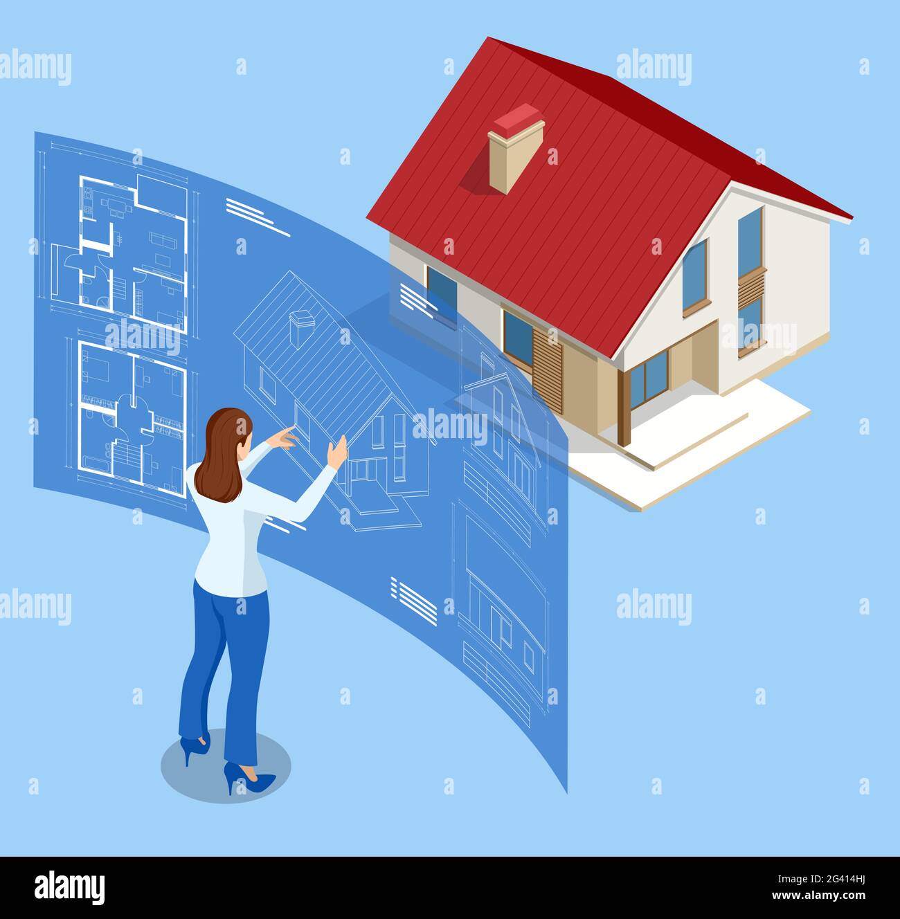 Isometric house architectural project. Virtual interactive interface