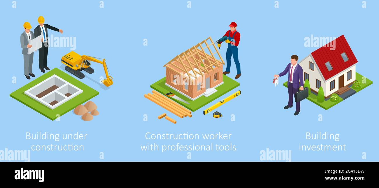 Isometric set stage-by-stage construction of a brick house. House